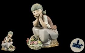 Lladro - Superb Hand Painted Porcelain Figure ' Leaning In Front of a Basket of Flowers ' Model No