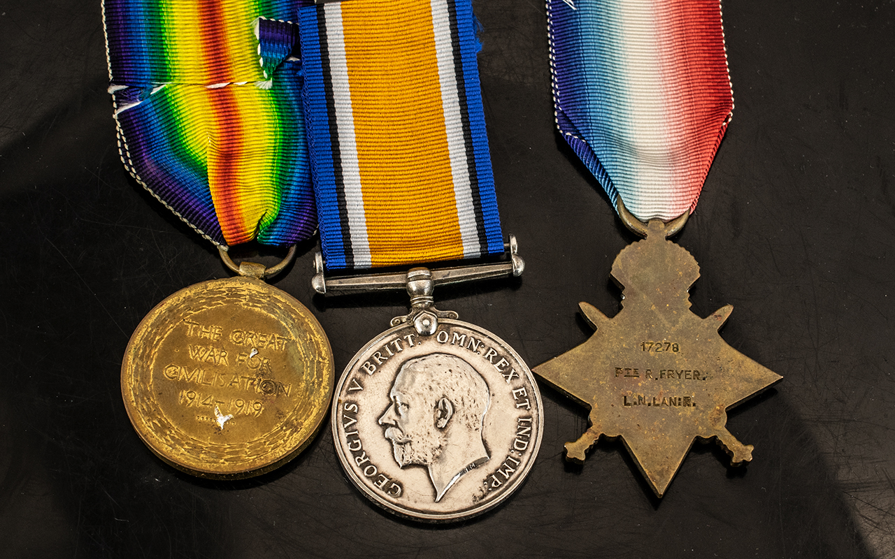 WWI Medal Trio, 17278 PTE R. FRYER LNLR A Company 9th Btn (KIA 19/10/1916). - Image 3 of 5