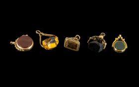 Victorian Period 1837 - 1900 Excellent Collection of Stone Set 9ct Gold Swivel Fobs ( 5 ) In Total.