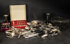 Three Boxes of Miscellaneous Silver Plated Cutlery, small vases, candlestick,