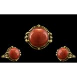 Ladies 14ct Gold and Pink Coral Mediterranean Cabochon Stone Ring.