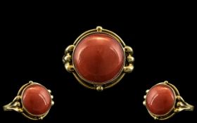 Ladies 14ct Gold and Pink Coral Mediterranean Cabochon Stone Ring.