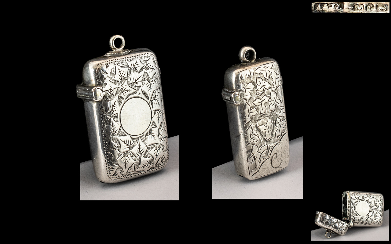 Victorian Period - Pleasing Sterling Silver Hinged Vesta Case of Small Proportions. 1.5 Inches - 3.