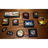 Collection of 9 Russian Boxes, comprising of assorted shapes and designs, lacquered and painted,