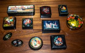 Collection of 9 Russian Boxes, comprising of assorted shapes and designs, lacquered and painted,