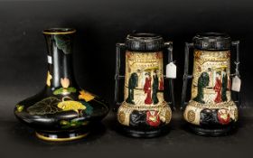 Pair of 'Cyples Old Pottery 1793' Vases, moulded to the body with Japanese courtiers, c1930s,