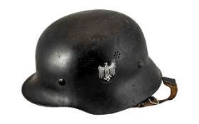 German M-35/M-40 Double Decal Steel Helmet, Leather liner and leather chinstrap. Twin Pepperpot