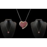 Ladies - Attractive 9ct White Gold Ruby and Diamond Set Heart Shaped Pendant - Attached to a 9ct