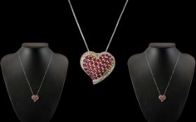 Ladies - Attractive 9ct White Gold Ruby and Diamond Set Heart Shaped Pendant - Attached to a 9ct