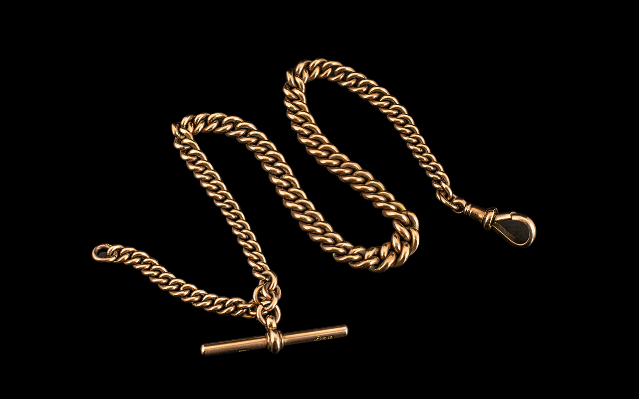 Antique Period - Attractive 9ct Rose Gold Albert Chain with Attached T-Bar. All Links Stamped for 9.