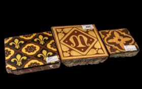 Three Antique Encaustic Tiles, c1850s/60s, two x 6 inches (15cms) square, one x 4 inches (10cms)