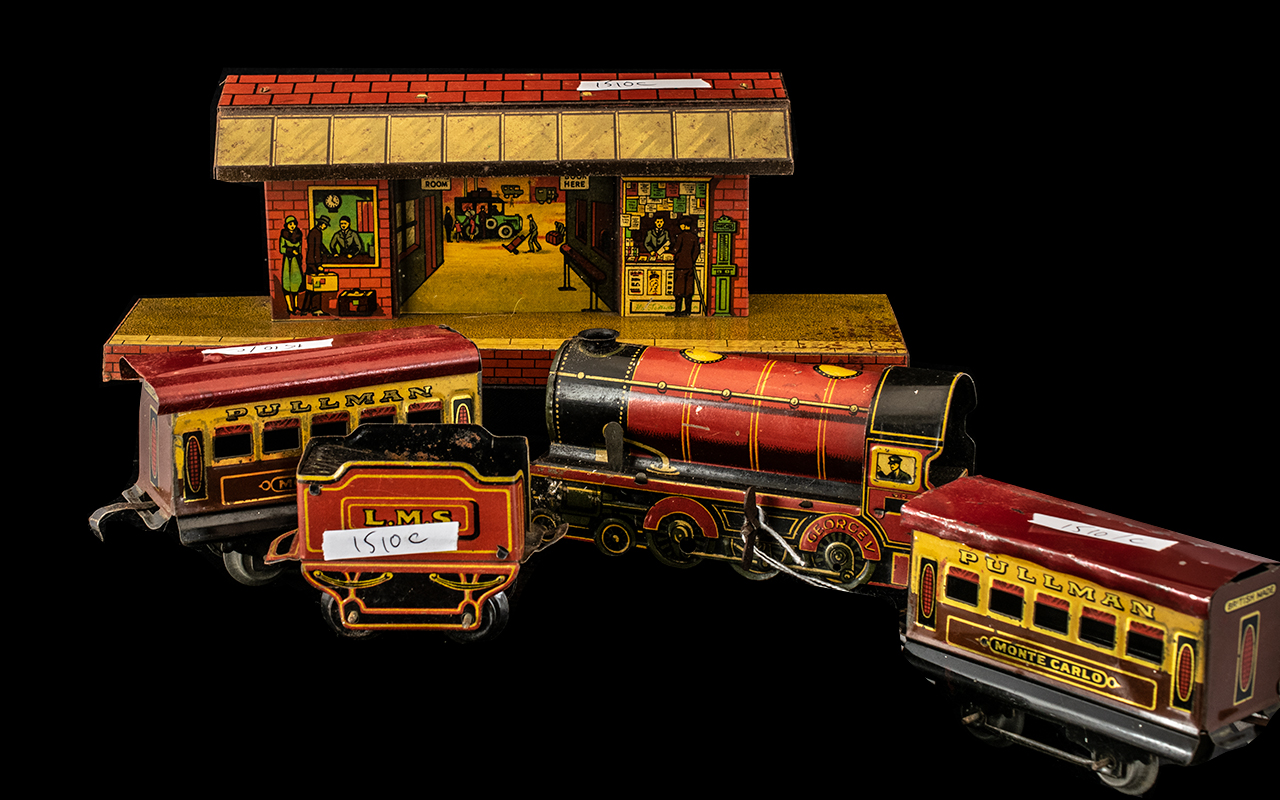 Tinplate Key Wind Train and Tender with two carriages (Pullman- Monte Carlo), British made,