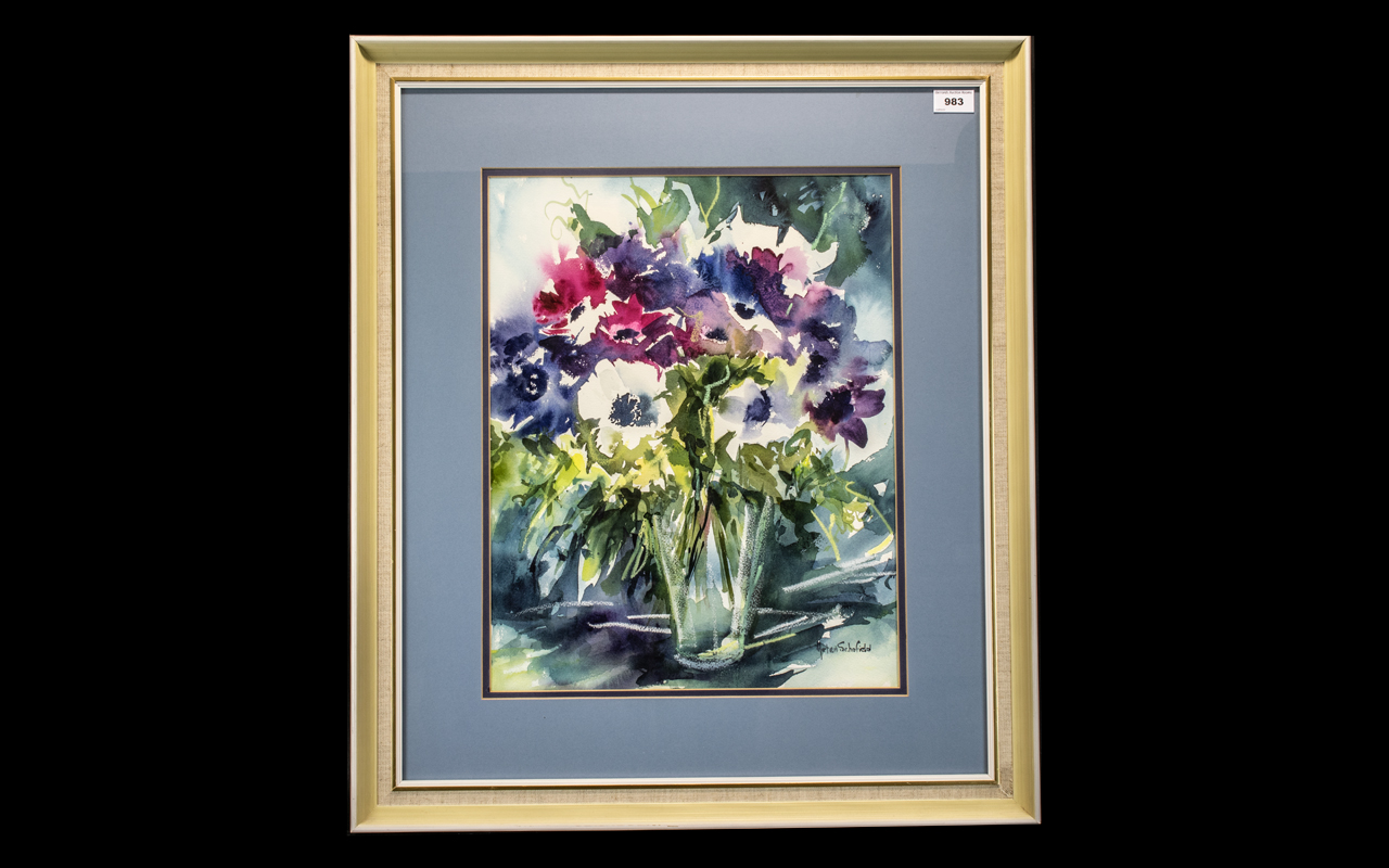 Helen Schofield Water Colour depicting a vase of Anemones in rich colours. Mounted and framed behind