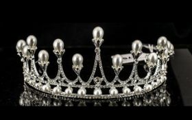 Crystal and White Faux Pearl Tiara, an elegant creation set with white crystals to the 'spikes',