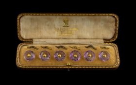 Antique Period Superb Boxed Set of Circular Faceted Amethysts and 9ct Gold Studs - Beautiful Set In