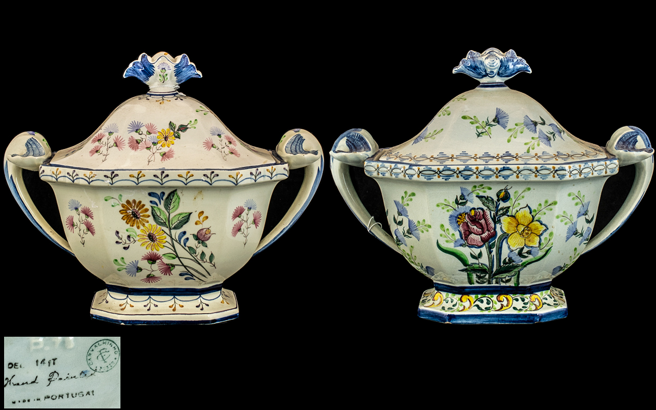 Pair of Portuguese Faience Pottery Lidded Tureens, of large size,