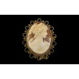 Ladies Large and Impressive Nice Quality 9ct Gold Mounted ( Ornate ) Oval Shaped Shell Cameo Brooch