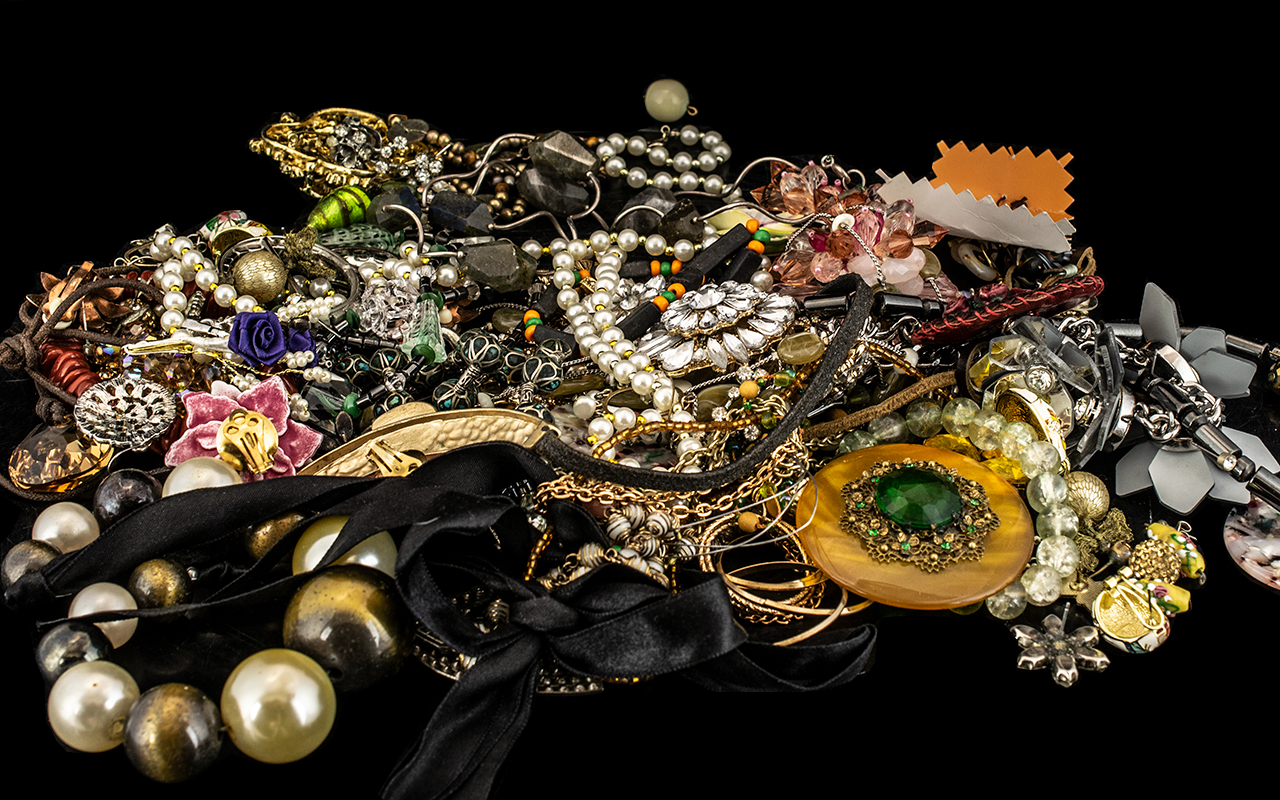 Bag of Vintage Costume Jewellery comprising brooches, earrings, necklaces, bangles, baubles,
