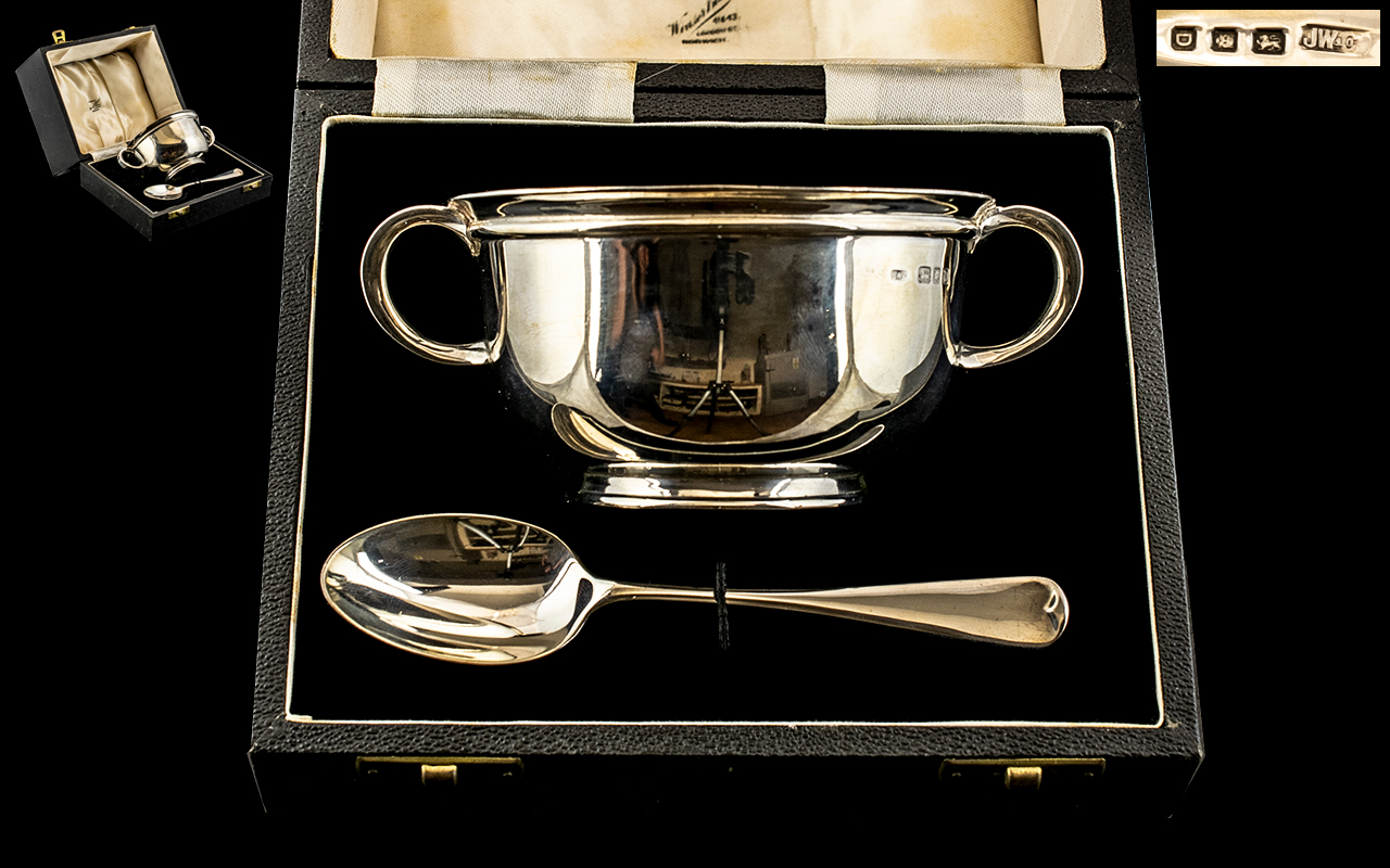 1930's Boxed ( Fitted Deluxe ) Sterling Silver Loving Cup and Spoon of Excellent Quality. Marker J.