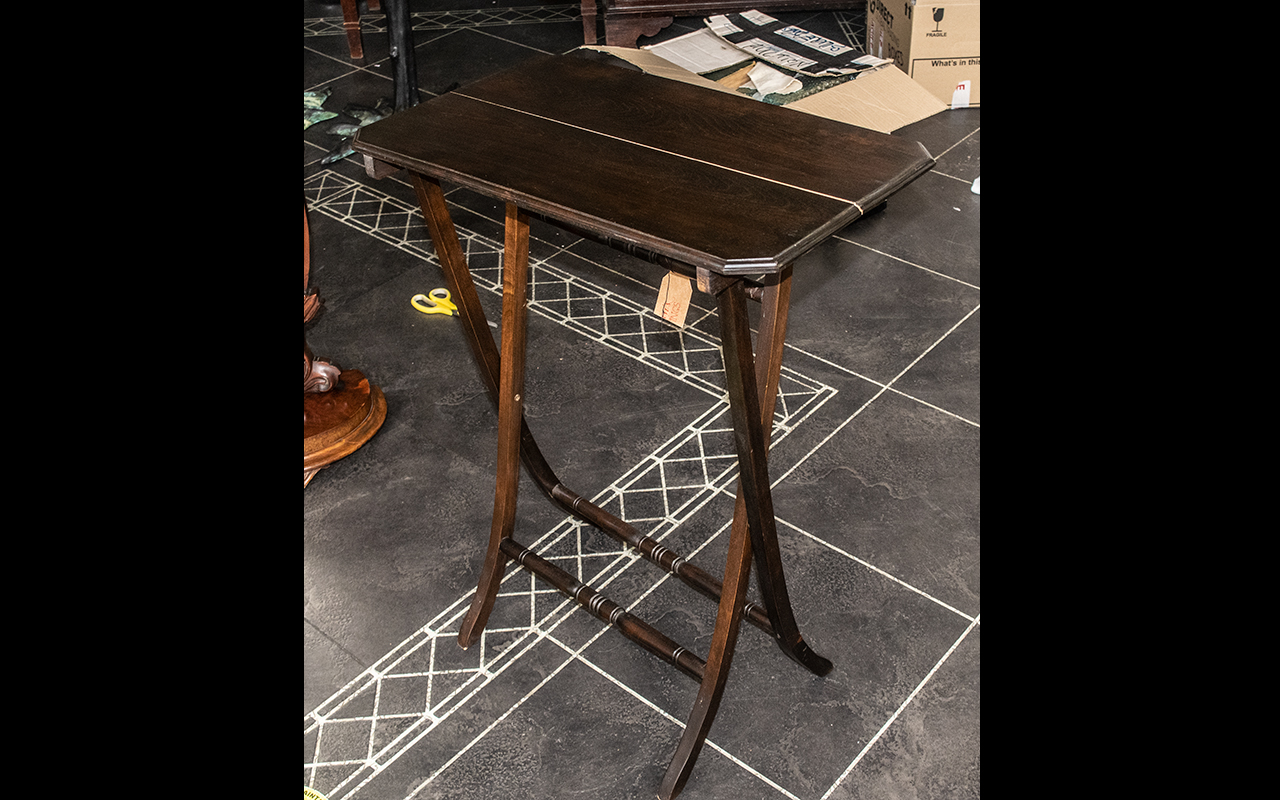 Mahogany Folding Table with cross supports, measures 62 cm wide x 30 cm deep x 76 cm tall approx.