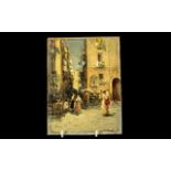 Italian Oil Painting on a Wood Panel, depicting a Naples street scene,
