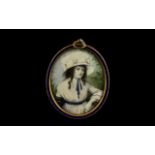 Fine Quality Painted Miniature on Ivory of an Elegant Young Lady wearing a flamboyant silk hat