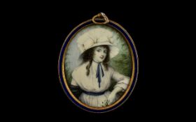 Fine Quality Painted Miniature on Ivory of an Elegant Young Lady wearing a flamboyant silk hat