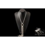 White Austrian Crystal Very Long Tassel Necklace and Matching Earrings,