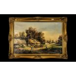 Large Oil on Canvas Painting of a Country Farm scene, framed in a decorative gilt frame,