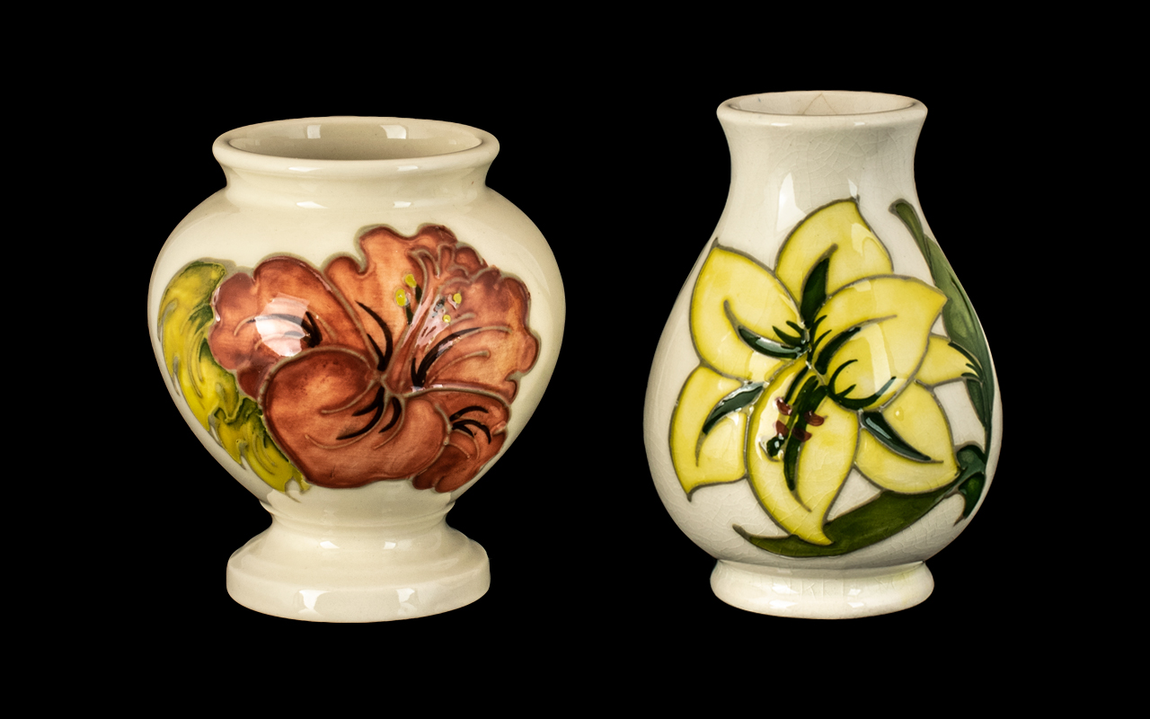 Moorcroft - Two Small Vases, comprising vintage pedestal vase 4" tall,