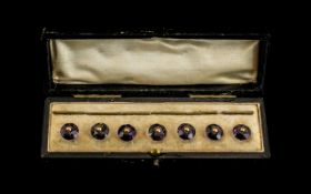 Antique Period Nice Quality Boxed Set of Circular Faceted Amethyst and 9ct Gold Studs.