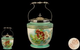 Victorian Pottery Biscuit Barrel with metal lid and handle.