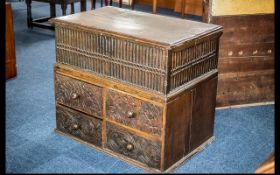 Commonwealth Period Oak Lidded Bible Box with finely carved Gothic style tracery to front and sides;