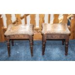 Two Jacobean Style Matching Stools, carved decoration, early 20th Century. 13" x 11", 14" tall.