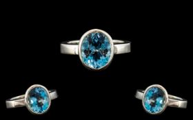 Ladies - Superb Quality and Contemporary Platinum - Single Stone Aquamarine Set Ring.