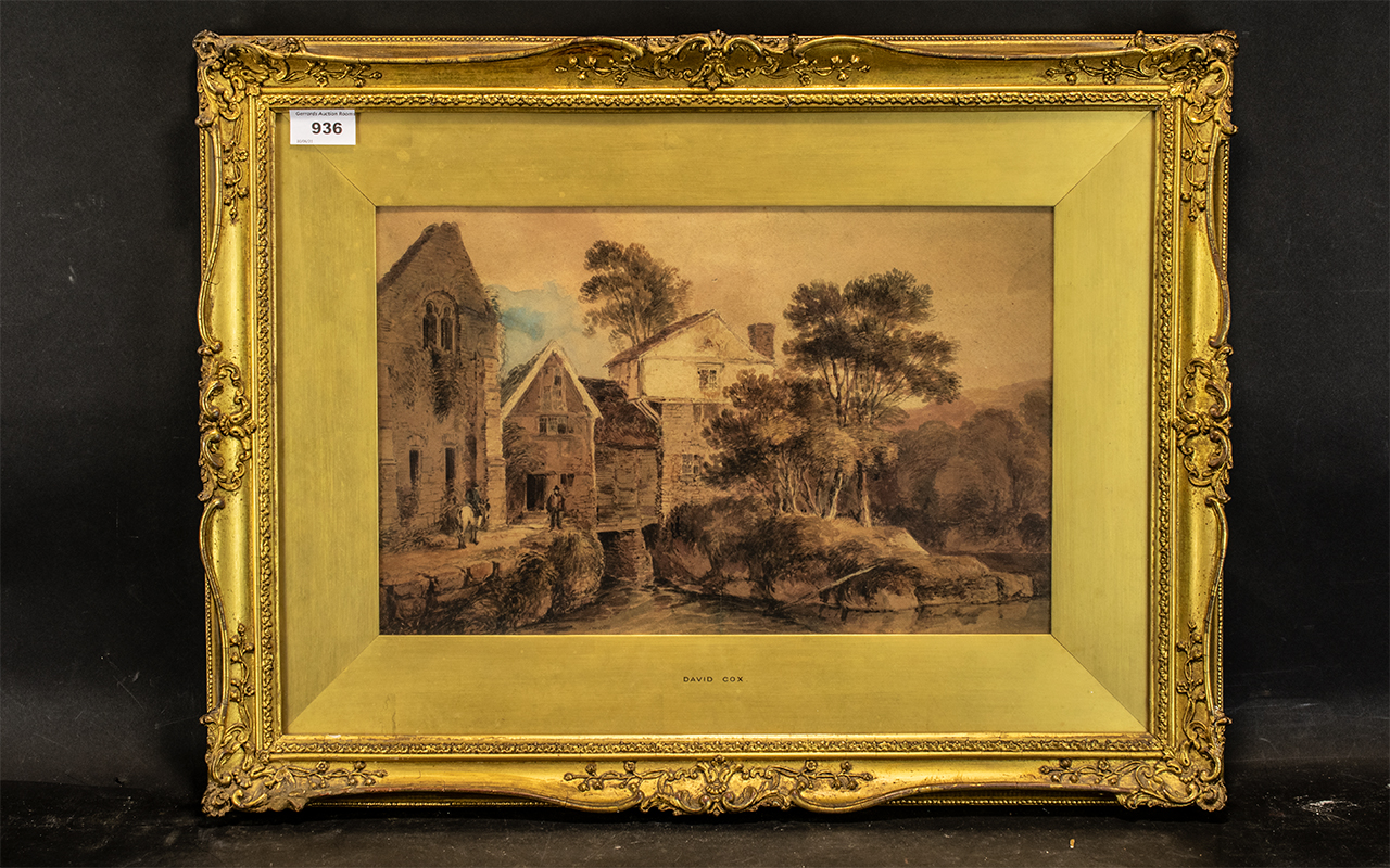 Large Copy of a David Cox Watercolour, depicting a country scene, framed in an ornate gilt frame