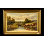 Henry Harris Oil Painting on Canvas, Depicting Cattle Drinking on the River Bank,