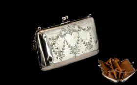 Victorian Period - Ladies Sterling Silver Purse with Fitted Leather Interior / Compartments.