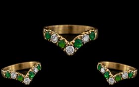18ct Gold - Attractive Diamond and Emerald Set Wishbone of Superb Quality. The Diamonds and Emeralds