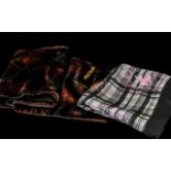 Two Burberry Scarves, comprising a silk plaid scarf in grey shades with pink logos,