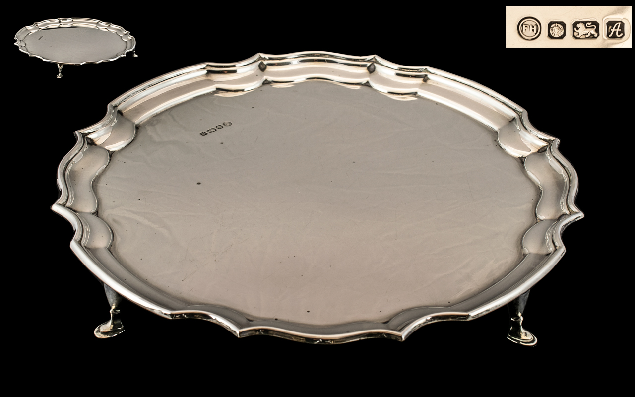 Elizabeth II Excellent Quality and Solid Circular Sterling Silver Footed Tray Salver,