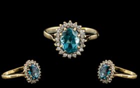 Ladies Attractive 9ct Gold - Aquamarine and Diamond Set Dress Ring with Full Hallmark for 9.