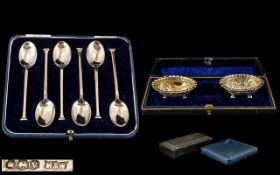 Victorian Period Pair of Sterling Silver Boxed Set of Salts - With Gilt Interiors. Hallmark for