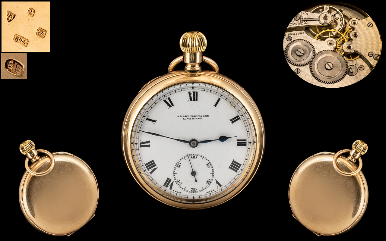 Swiss Made Excellent 9ct Gold - Keyless Open Face Pocket Watch, Signed to Dial - M. Harrison & Son - Bild 2 aus 2