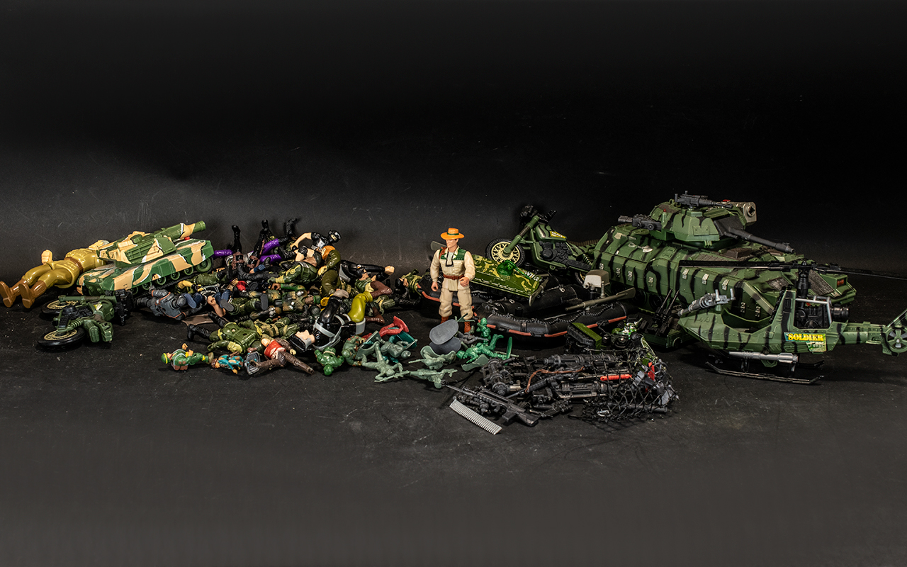 Box of Toy Soldier Figures together with a helicopter, tanks, motorbikes, dinghies, a large number
