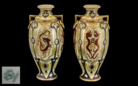 A Pair of Large Cloisonne Style Noritake Vases with dragon decoration. Measures 10 inches in height.