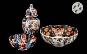 Small Imari Lidded Vase, 9 inches (22.5cms) high, with two small Imari bowls, 9 inches (22.