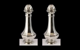 Art Nouveau - Fine Pair of Stylish Sterling Silver Pepperettes of Pleasing Form. Marked 925 Silver.