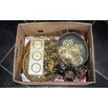 Box of Assorted Brass and Metalware, including: horse brasses; tankard; candlesticks,