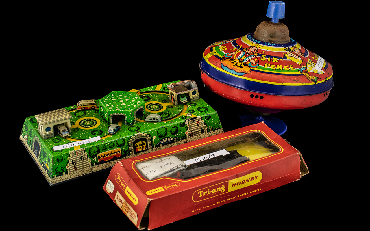 Tinplate Chad Valley Humming/ Spinning Top, Russian tinplate car game in box,
